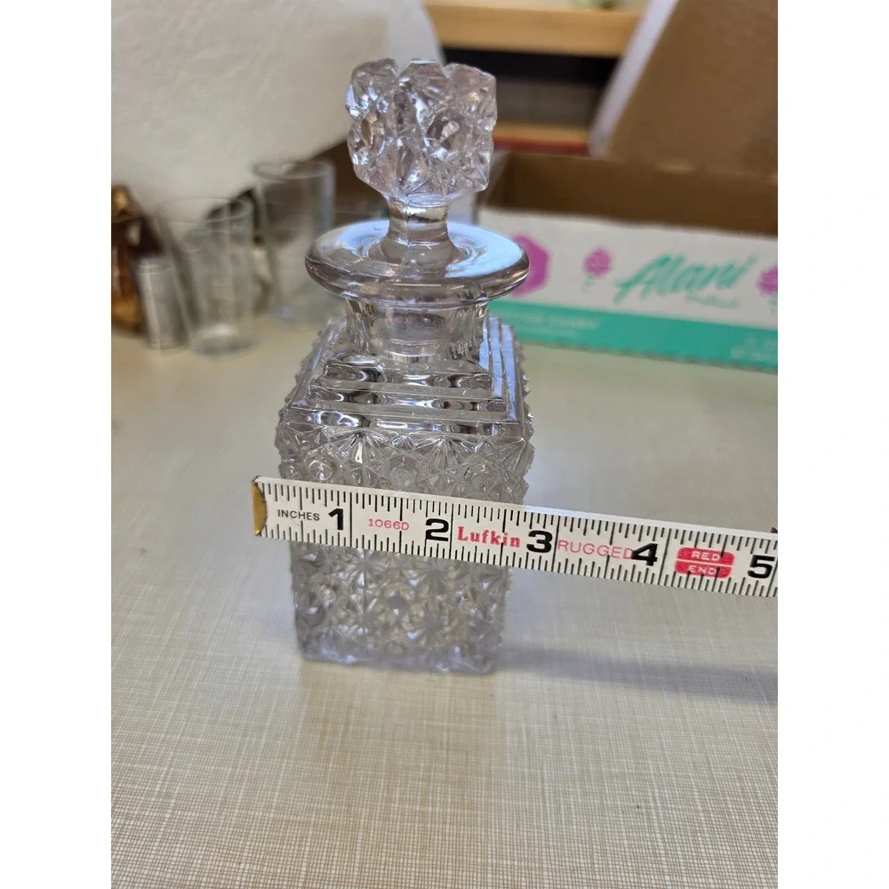 Vintage Clear Pressed Glass Square Decanter Starburst Diamond Pattern Stopper